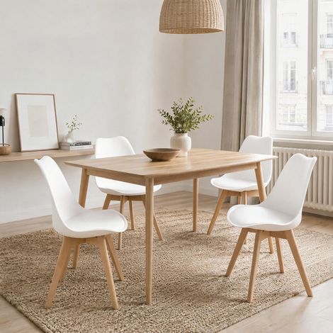 Chaises rembourrées style scandinave à pieds en bois massif pour salle à manger et bureau, blanches, lot de 4 (1/5)