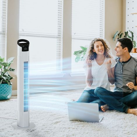 Ventilateur tour 50W télécommande 3 vitesses minuterie écran oscillation 70° Ø20x78,5cm, blanc