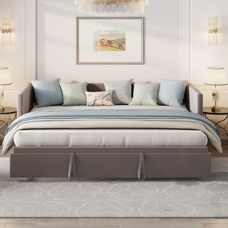 Lit de jour convertible 90/180 x 200 cm, canapé-lit rembourré convertible avec lit d'appoint, lit convertible en lit double en velours, canapé-lit pour adultes (2 personnes), sans matelas (gris) (1/5)