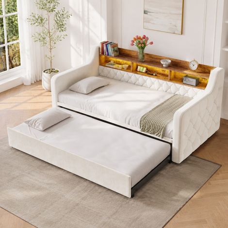 Canapé-lit convertible 90x190 cm en velours beige, gain de place pour salon et chambre FloraGrace (1/5)