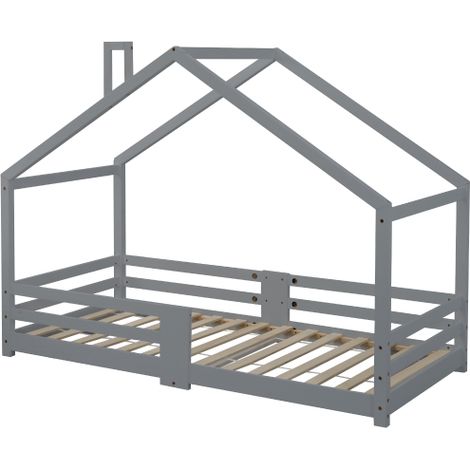 Lit cabane enfant 90×200 cm, pin, barrière, sommier, gris