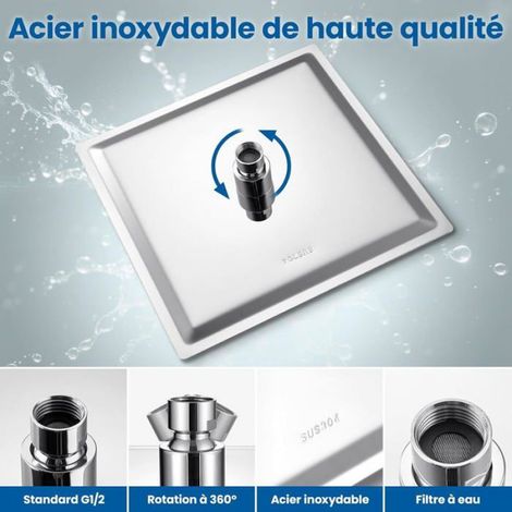 Pomme De Douche Pluie - 25x25 Cm - Acier Inoxydable Chromé - 121 Buses En Silicone - Rotule 360° - 1 Pièce (1/5)