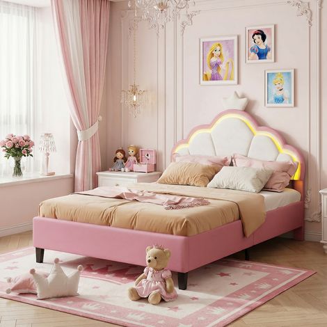 JOOKGBD–Letto per bambini 90x200 cm,Letto singolo,Letto principessa,Letto imbottito,LED,Testiera regolabile,Rete a doghe,Velluto,Rosa