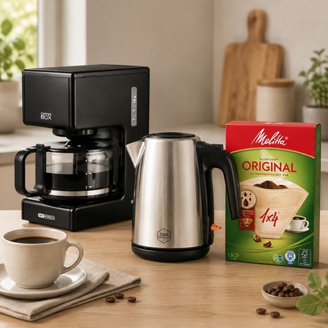 Filterkaffee-Set (3-teilig) – 6-Tassen-Kaffeemaschine, ungebleichte Filter und 1-Liter-Wasserkocher (1/4)