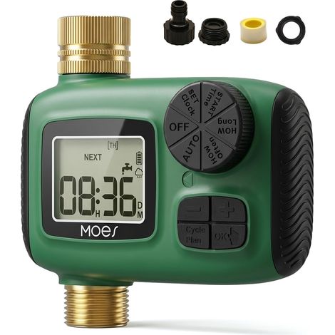 Programmateur d'Arrosage Automatique 1 Voie Nez de Robinet Minuteur d'eau, entrée/sortie laiton, retardateur de pluie, mode manuel, contrôleur programmable (1/5)