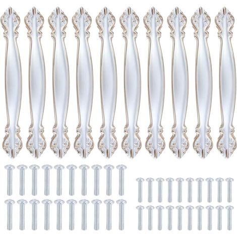 Set mit 10 Vintage-Möbelgriffen im Antik-Stil, geschnitzt und geschwungen (96 mm Mittelloch), weiß (1/5)