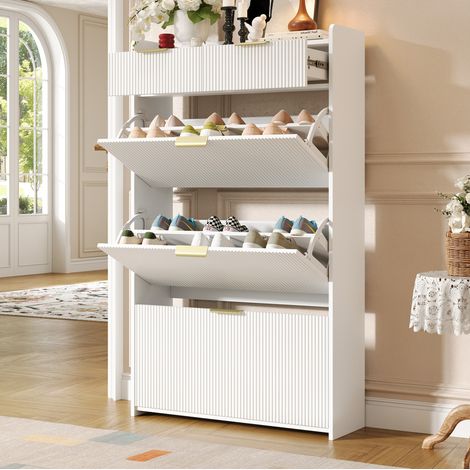 Mueble zapatero estrecho con 3 abatibles y 2 cajones, 80 x 25 x 135 cm, blanco DESVIAE (1/5)