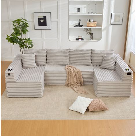 Sofá modular en U 320x155x88 cm gris claro de pana con portavasos, bolsillo lateral y cojines (1/5)