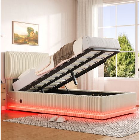 DESVIAE Lit rembourré avec led usb c tête de lit réglable rangement sous lit sommier à lattes tissu côtelé beige 90 x 200 cm (1/5)