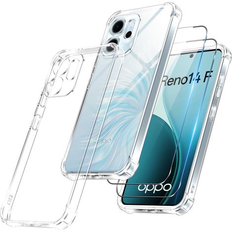 pour Oppo Reno 14 F/FS 4G/5G Coque avec 2 Protection D'écran Verre Trempé, TPU Bumper Transparente Case, [Coussin d'air Intégré] Antichoc Antirayures Anti-Jaunissement Mince Housse,Transparent (1/5)