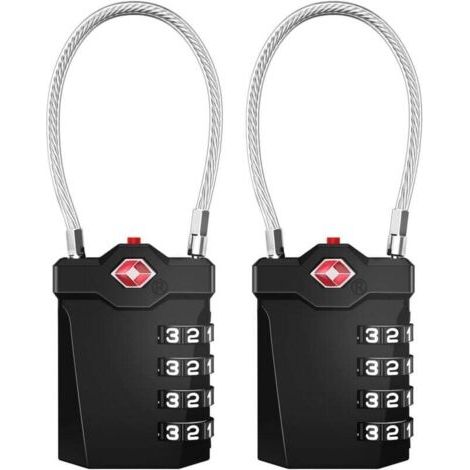 Cadenas de valise, cadenas à combinaison TSA à 4 chiffres avec alarme d'ouverture, cadenas de câble de salle de sport (2 pièces, noir) (1/3)