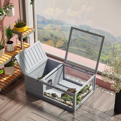 Gabbia/recinto per piccoli animali, ideale per tartarughe, con 2 scomparti, dimensioni 91 x 60,5 x 32 cm, in legno massello, colore grigio.
