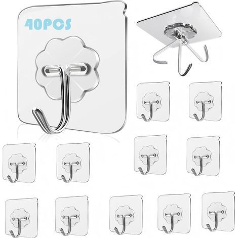 40 Crochet Adhésif, Transparent, Résistant 10kg, Étanche, Pour Cuisine Salle De Bain (1/5)