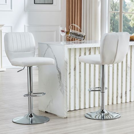 Tabouret de bar pivotant à 360°, réglable en hauteur de 62 à 83 cm, avec dossier et repose-pieds, ergonomique, en similicuir blanc, supportant jusqu'à 136 kg, finition chromée. (1/5)