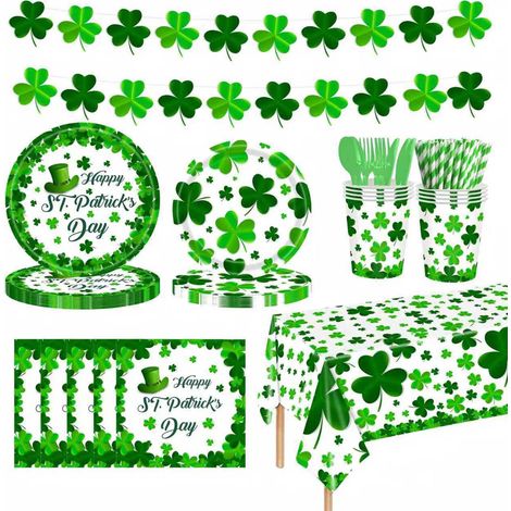 Assiettes - Gobelets - Serviettes Jetables Theme Trèfle Vert Saint-Patrick - Lot de 20 Pièces pour Fête, Pique-Nique, Mariage