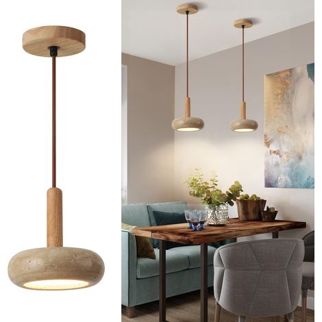 Lustre Japonais Wabi-sabi En Travertin Jaune suspension luminaire LED En Bois Lustres Réglable En Hauteur luminaires Intérieur moderne Pour chambre Coucher Salle manger Salon Cuisine 15cm Pôle (1/5)