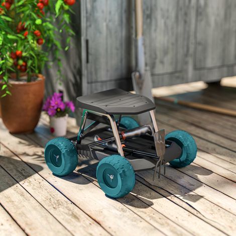 Siège de jardin sur roues tabouret de jardinage plateau à outils pour désherber planter 50 x 49 x 32 cm vert foncé (1/5)
