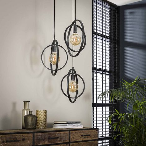 Suspension industrielle ronde en métal noir 3 lampes Sam (1/4)