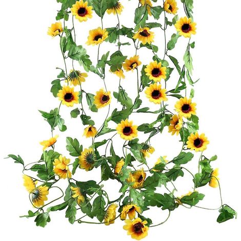 Ensemble de 4 guirlandes de tournesols artificiels de 1,7 m - Fleurs en soie suspendues réalistes pour la décoration de mariages et de fêtes en intérieur et en extérieur (1/5)
