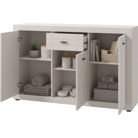 Sideboard Perca, Anrichte mit 1 Schublade, 3 Einlegeböden, Flügeltür & Schiebetür, 147,5x41,5x91,5 cm in Cremeweiß