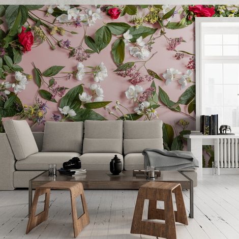 Papier Peint Floral - Bouquet de Fleurs Sauvages sur Fond Rose - 400 x 260 cm (1/2)