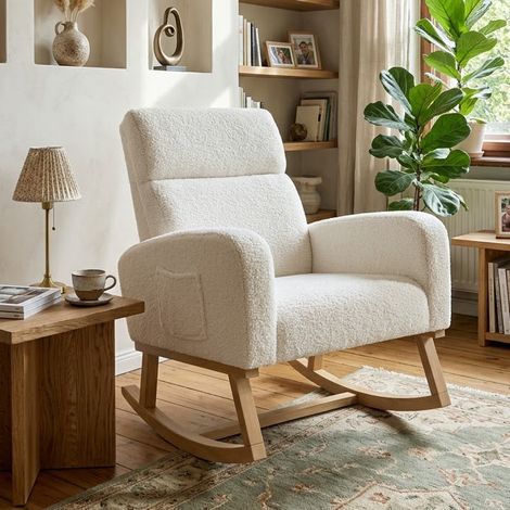 Creahappy Fauteuil Roulant Chaise Basculante Bouclette - Pliant & Relaxation - Bois Massif Style Scandinave - Blanc (1/5)