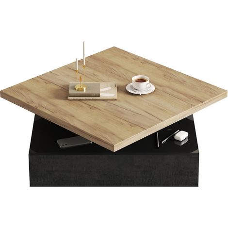 Table basse fixe pivotante-2 étages-stockage-bois naturel et noir-particules-70x70x36cm (1/5)
