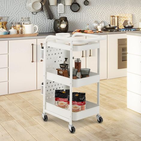 COSTWAY Desserte à roulettes 3 Niveaux en Acier Anti-Rouille avec 2 Panneaux P erforés, 4 Crochets, 2 Panier, Chariot de Cuisine avec Poignée et roulettes Verrouillables pour Bureau, Cuisine, Blanc (1/5)