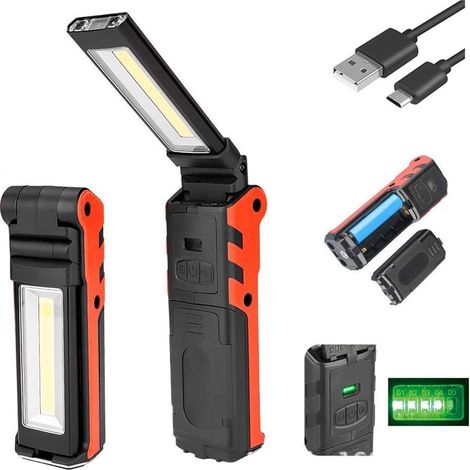 Lampe de Travail LED, Lampe de Poche Lampe d'inspection Rechargeable, Lampe de Travail LED Ultra Puissante Camping Lampe avec Crochet Base magnétique, Pliable et dimmable(orange)