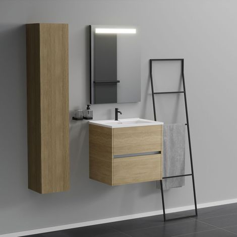 Inda - Badezimmerschrank 2 Schubladen L.60 mit beleuchtetem Spiegelwaschbecken – Natureiche