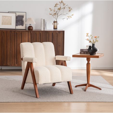 Sessel kompakt beige aus Massivholz mit Bouclé-Bezug, Schaumstoffpolsterung und hoher Belastbarkeit (1/4)
