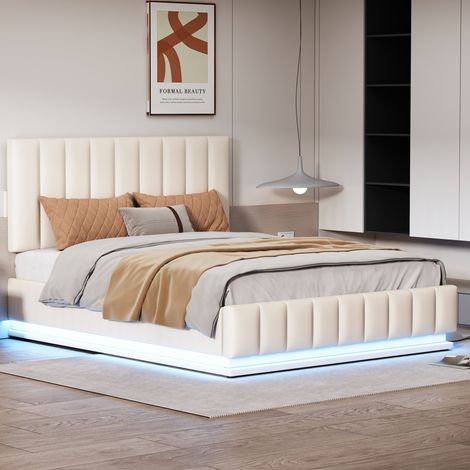 Lit double 140/200 cm blanc en simili cuir avec éclairage à diodes et coffre hydraulique (1/5)