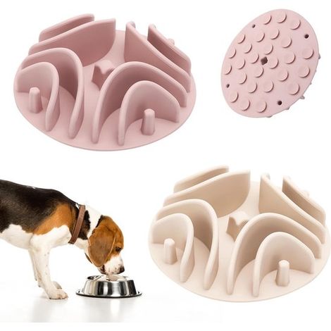 Set di 2 inserti per ciotole a lenta erogazione – Silicone – Con ventose – Per cani di taglia media e grande – Beige e rosa (1/5)