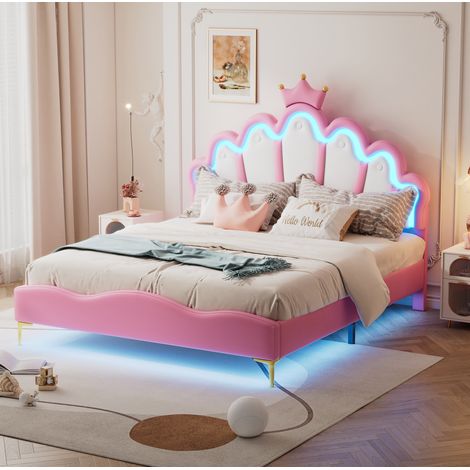 Polsterbett 140/200 cm rosa aus PU-Kunstleder mit LED-Beleuchtung und Kronenkopfteil (1/5)