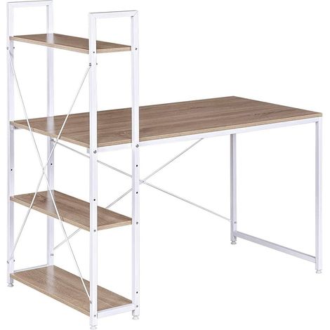 WOLTU Scrivania Con 4 Ripiani Tavolo Porta PC Computer Casa Ufficio 120cm Rovere+bianco