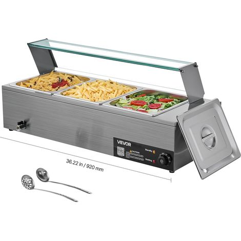 Chauffe-Plat Électrique à Vapeur 1500 W, Buffet Chauffant en Inox, Bain-marie avec 3 Bacs, Couvercle en Verre et Louches à Soupe et Perforées, pour Servir Buffet en Libre-Service Restauration (1/5)