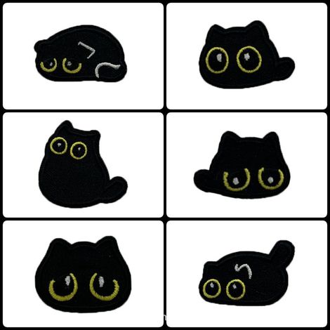 Schwarze Stickaufnäher – Set mit 6 Stoffapplikationen mit Cartoon-Motiven, dekorative Stickaufkleber für Kleidung, Taschen und DIY-Notizbücher (1/4)