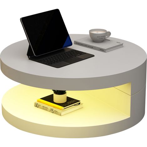 N625P300074W Table basse 707035.5cm, plateau supérieur pivotant à 360°, table de salon rotative avec bande lumineuse LED, table de salon cylindrique en MDF, charge jusqu’à 30 kg, structure à 2 niveaux (1/5)
