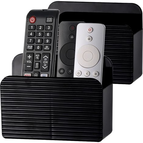 Lot de 2 supports adhésifs pour télécommande TV - Support mural pour table de chevet - Boîte de rangement (pour 2 ou 4 télécommandes - Noir) (1/5)