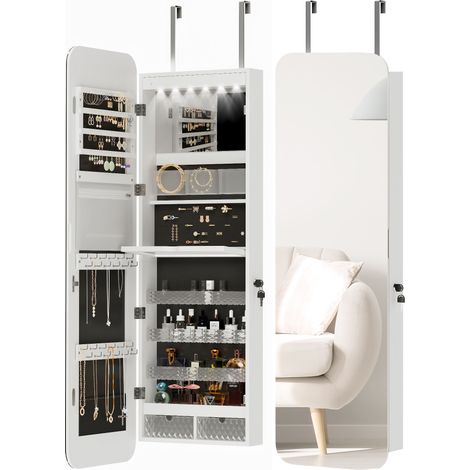 Beleuchteter, wandmontierter Schmuckspiegel – mit Schloss, verspiegelter Innenseite, Maße 37 x 10 x 120 cm, für Schmuck und Accessoires