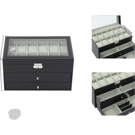 Caja para guardar relojes, diseño de 3 niveles, vitrina con cerradura, color negro. (1/2)