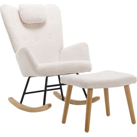 Fauteuil à bascule blanc peluche teddy, coussin de nuque et repose-pieds