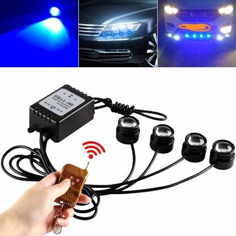 4 in 1 Car Motorcycle Blue LED Eagle Eye Flash Strobe Lights Emergency Warning DRL Daytime Running Lights Tail Lights With Wireless Remote Control Flash Lights 12V (1/5)