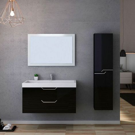 Distribain – Meuble de salle de bain noir brillant avec vasque 1000mm – 2 tiroirs – Miroir rétro-éclairé – Colonne de rangement 1550mm (1/5)