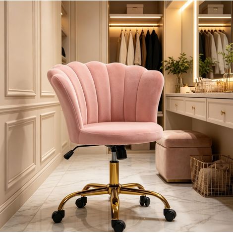 Chaise de bureau en velours rose réglable en hauteur, fauteuil de coiffure pivotant sans accoudoirs avec roulettes, assise confortable pour salon ou espace de travail – CHICFURN (1/5)
