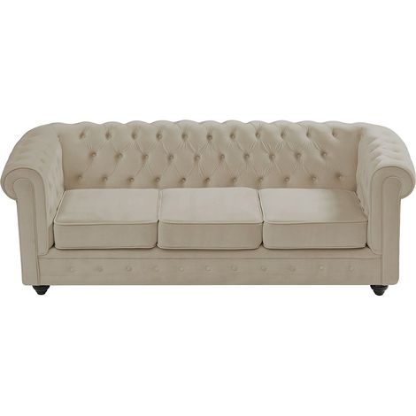 Canapé 3 places et fauteuil en velours beige CHESTERFIELD
