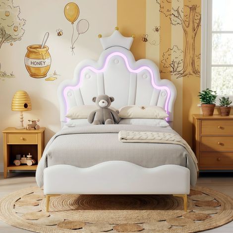 Lit Enfant Fille Princesse 90x190 cm avec Couronne et LED, Cadre de Lit Simple en Similicuir avec Sommier à Lattes, Style Scandinave - Blanc