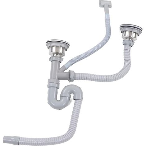 Stainless Steel S Curved Kitchen Sink Drip Pipe with Double Drain, Sewer Pipe Set Suitable for Bathroom Sink Drain Kit (1/4)