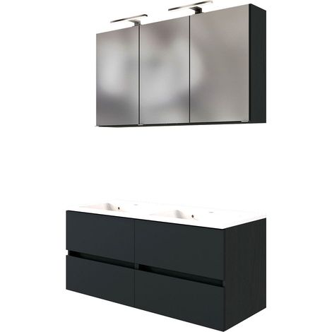 Doppel Waschplatz-Set 120 cm inkl. LED Spiegelschrank ARLON-03 matt grau BxHxT 120x200x55 cm (1/5)