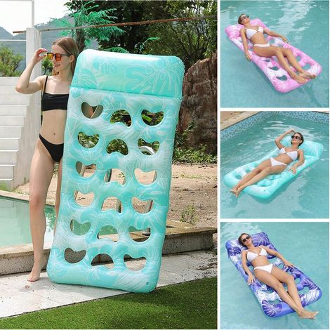 1 chaise de drainage flottante à trou d'oreiller en PVC, motif de feuilles imprimé, chaise longue inclinable lit flottant, accessoire essentiel de plage et de piscine, bleu. (1/5)